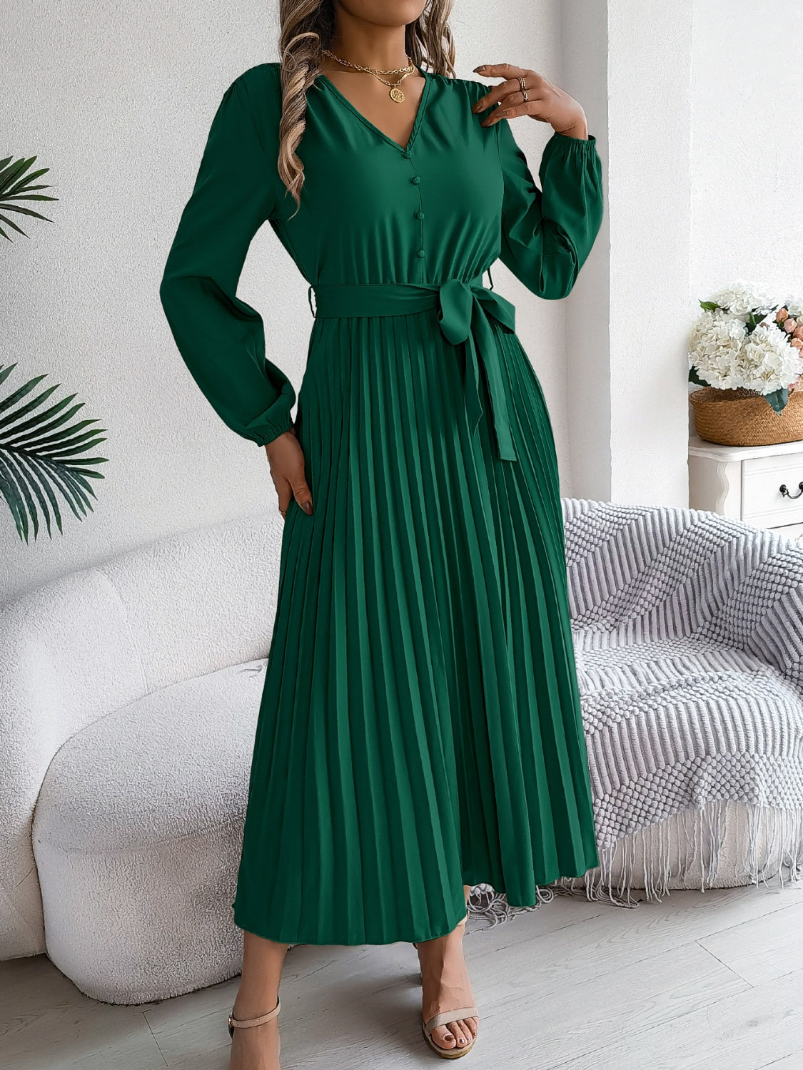 Pleated Tied V-Neck Long Sleeve Dress - Body By J'ne