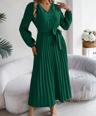 Pleated Tied V-Neck Long Sleeve Dress