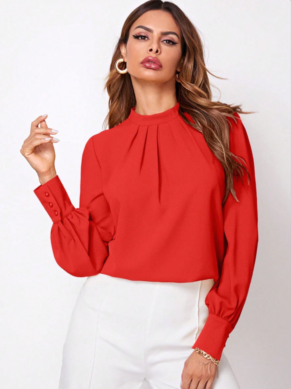 Ruched Mock Neck Long Sleeve Blouse - Body By J'ne