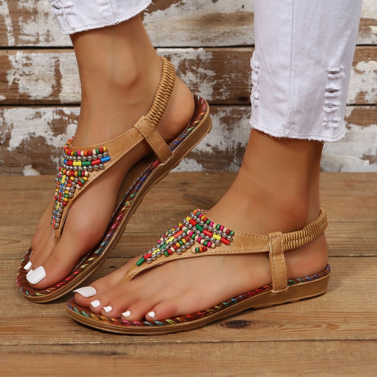 Beaded PU Leather Open Toe Sandals - Body By J'ne