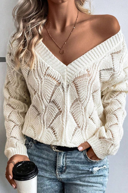 Openwork V-Neck Long Sleeve Sweater - Body By J'ne