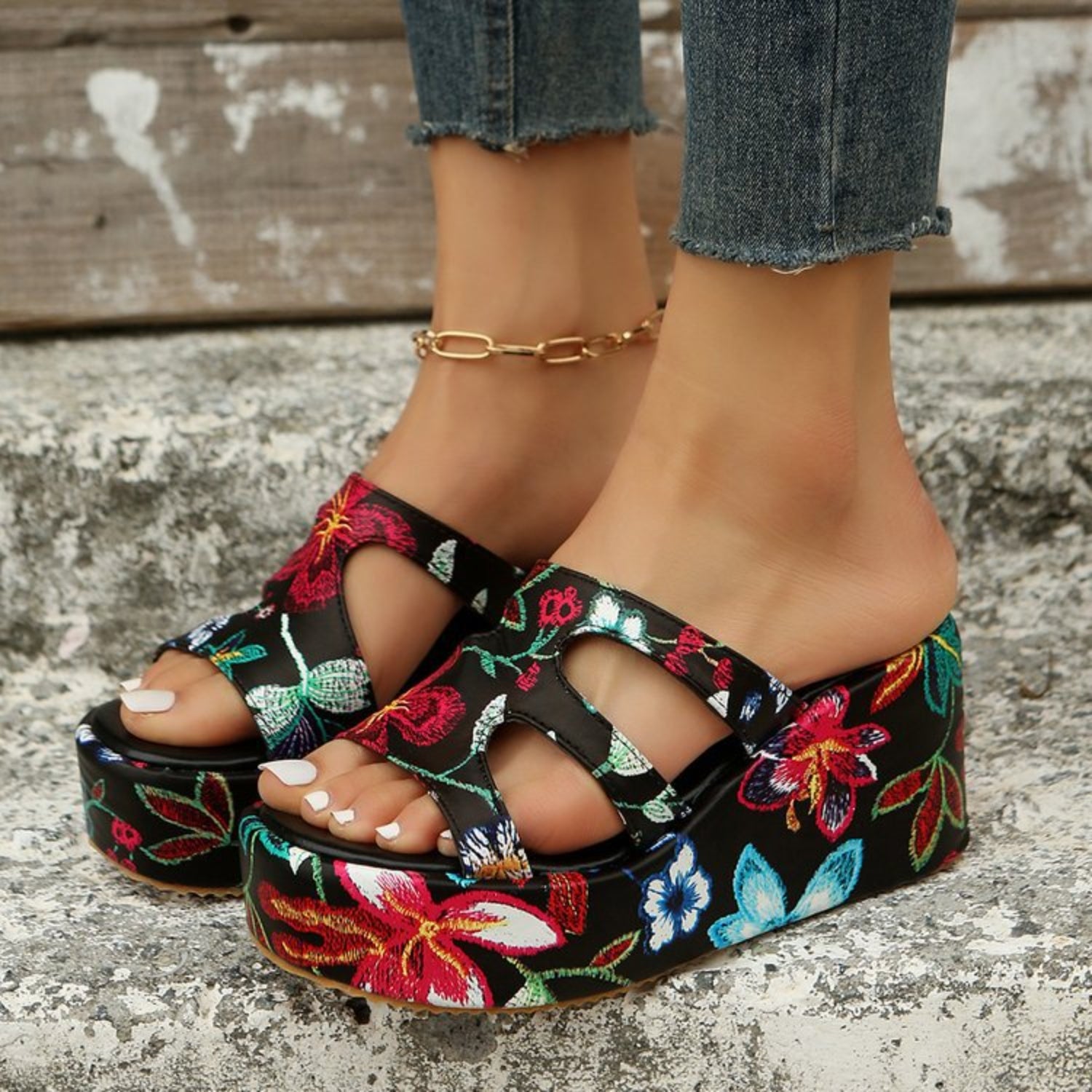 Cutout Floral Peep Toe Sandals - Body By J'ne