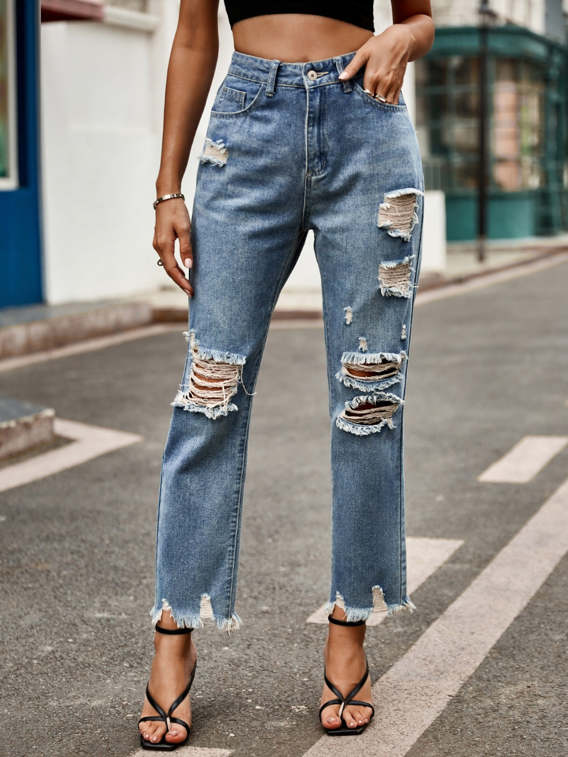 Distressed Raw Hem Jeans with Pockets - Body By J'ne