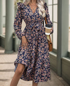 Perfee Printed Surplice Long Sleeve Midi Dress