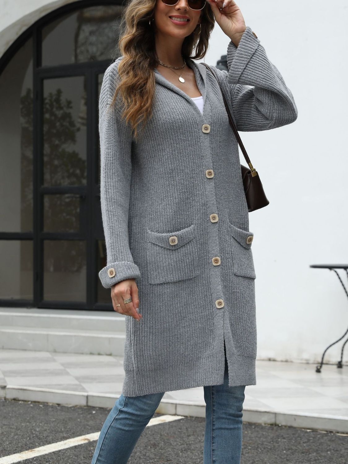 Pocketed Button Up Long Sleeve Hooded Cardigan - Body By J'ne