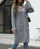 Pocketed Button Up Long Sleeve Hooded Cardigan