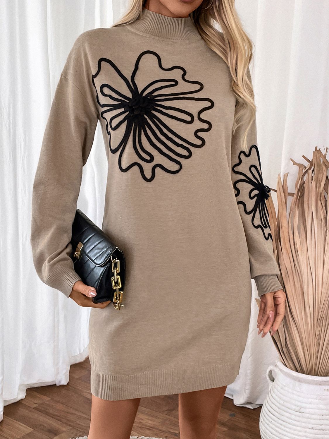Perfee Flower Mock Neck Long Sleeve Sweater Dress - Body By J'ne