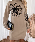 Perfee Flower Mock Neck Long Sleeve Sweater Dress