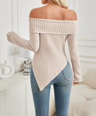 Ribbed Asymmetrical Hem Off-Shoulder Long Sleeve T-Shirt