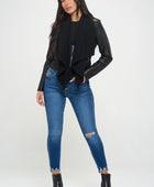 Knit Collared Faux Leather Crop Jacket