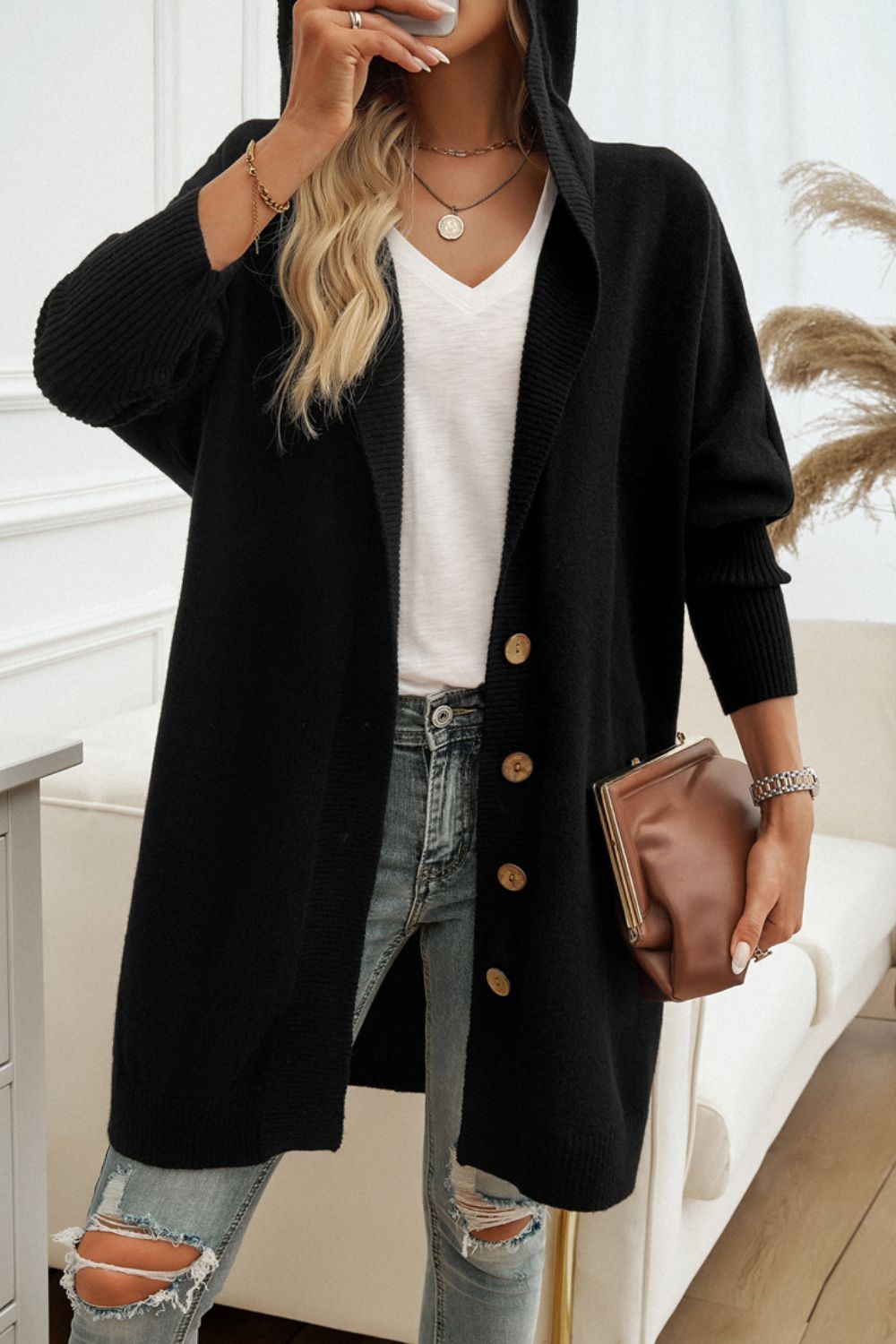 Devine Button Up Long Sleeve Hooded Cardigan - Body By J'ne