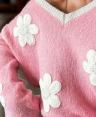 Flower V-Neck Dropped Shoulder Sweater