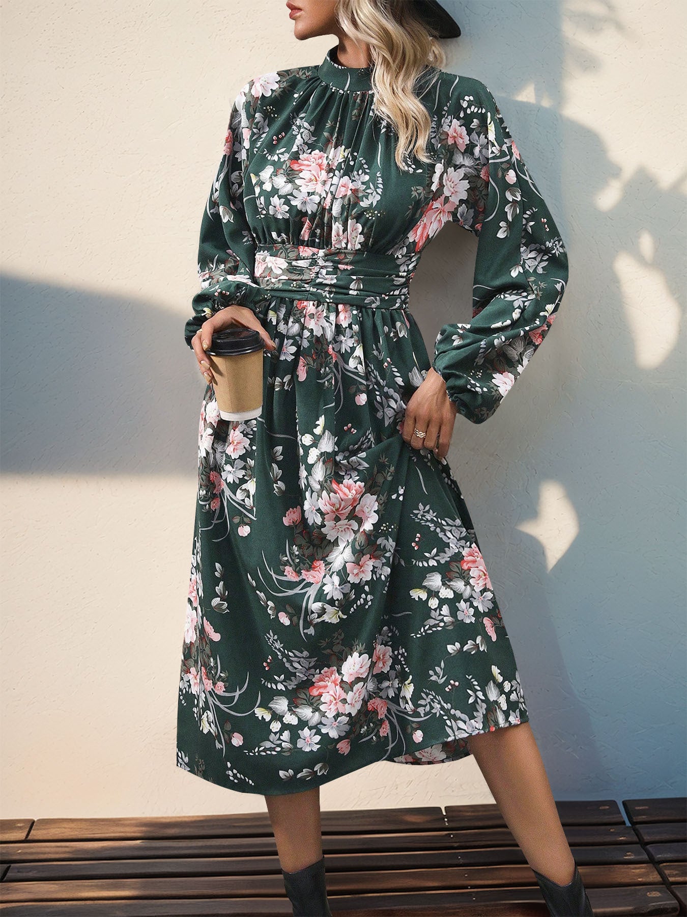 Perfee Ruched Printed Mock Neck Long Sleeve Midi Dress - Body By J'ne