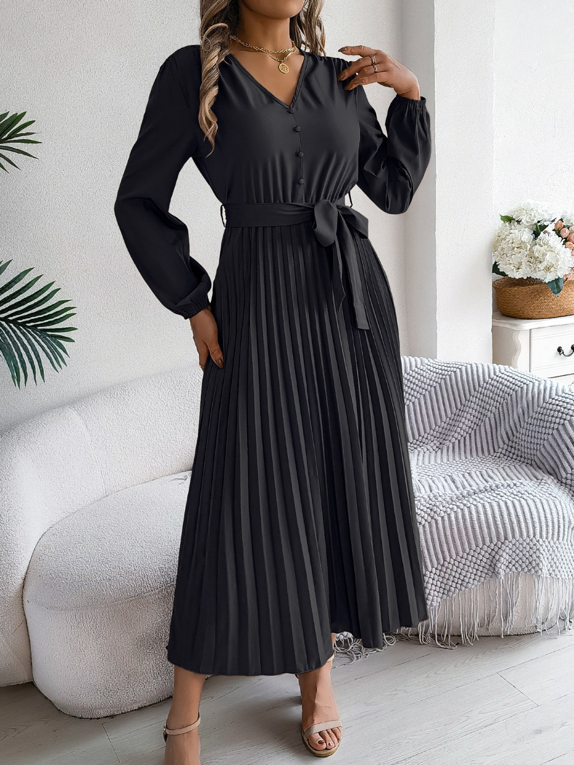 Pleated Tied V-Neck Long Sleeve Dress - Body By J'ne