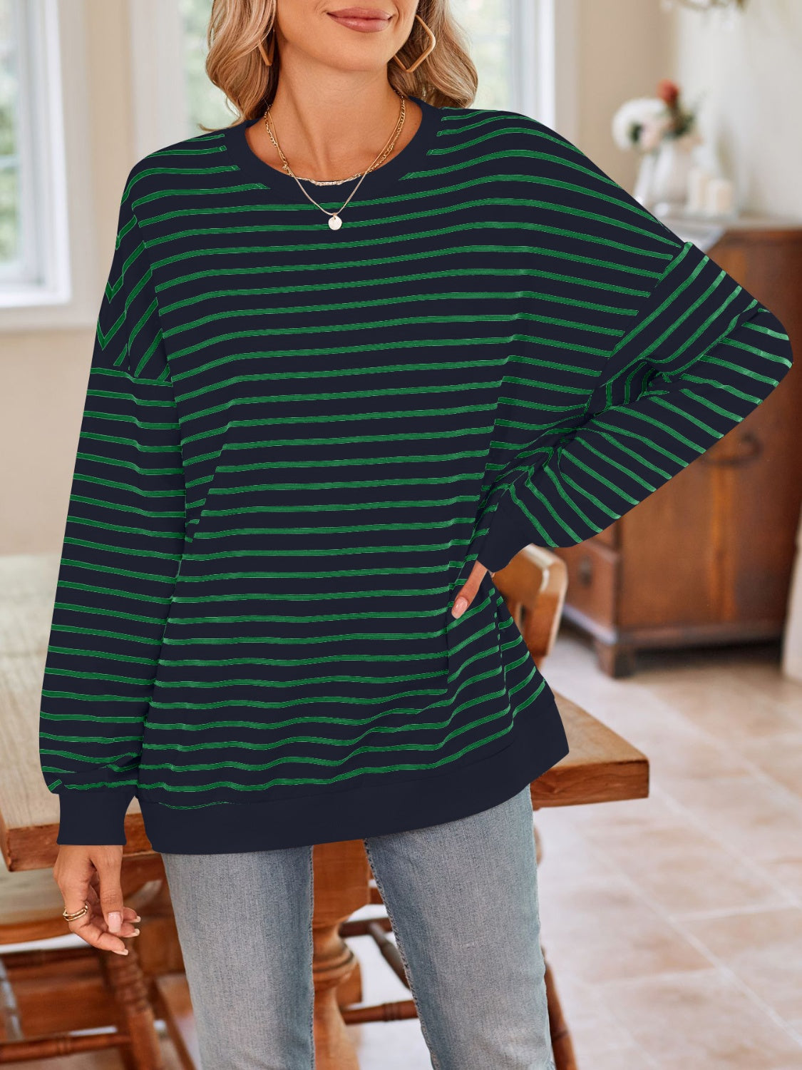 Lovelet Striped Round Neck Long Sleeve Sweatshirt - Body By J'ne