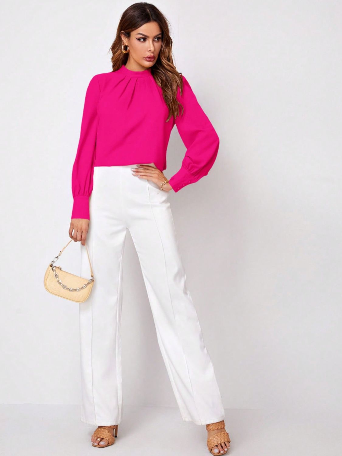 Ruched Mock Neck Long Sleeve Blouse - Body By J'ne