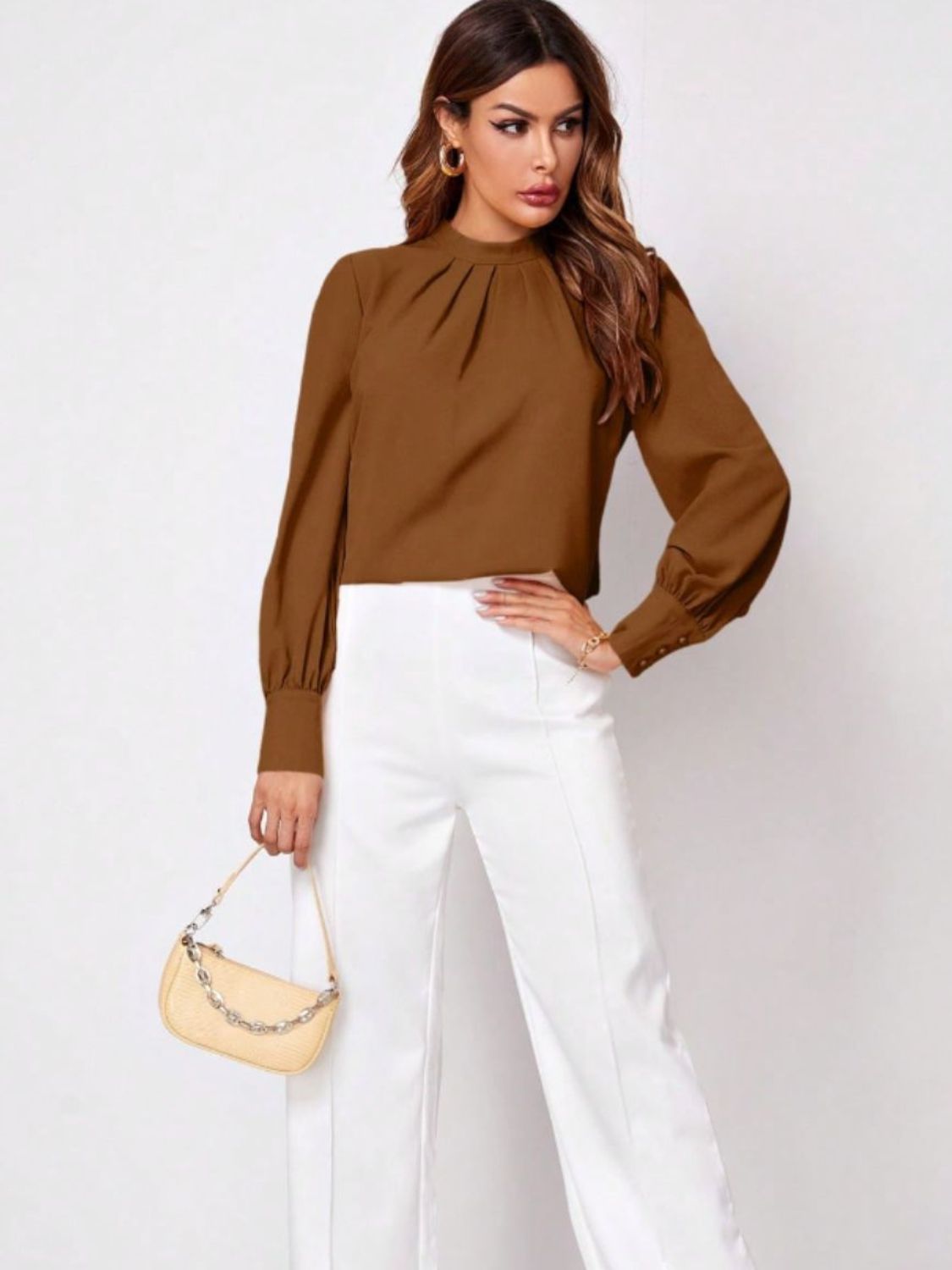Ruched Mock Neck Long Sleeve Blouse - Body By J'ne