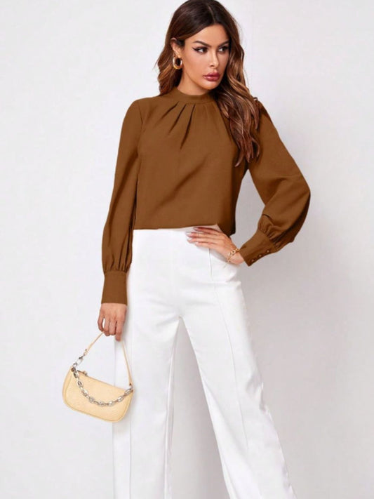 Ruched Mock Neck Long Sleeve Blouse - Body By J'ne