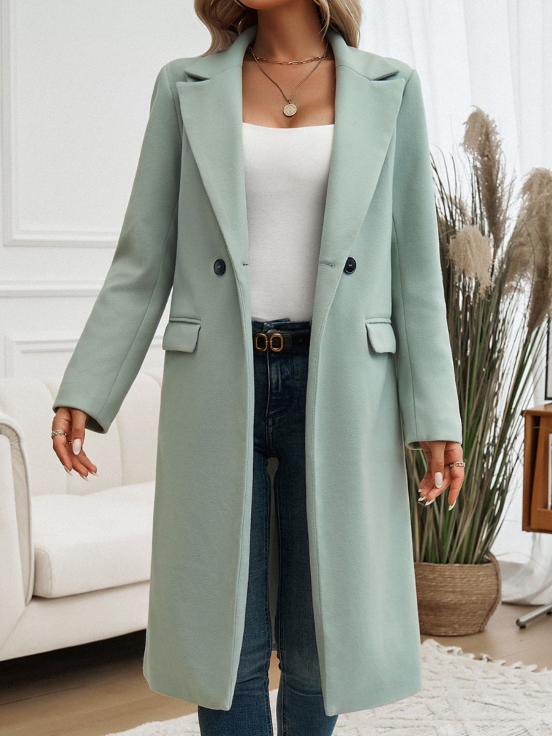 Devine Pocketed Collared Neck Long Sleeve Coat - Body By J'ne