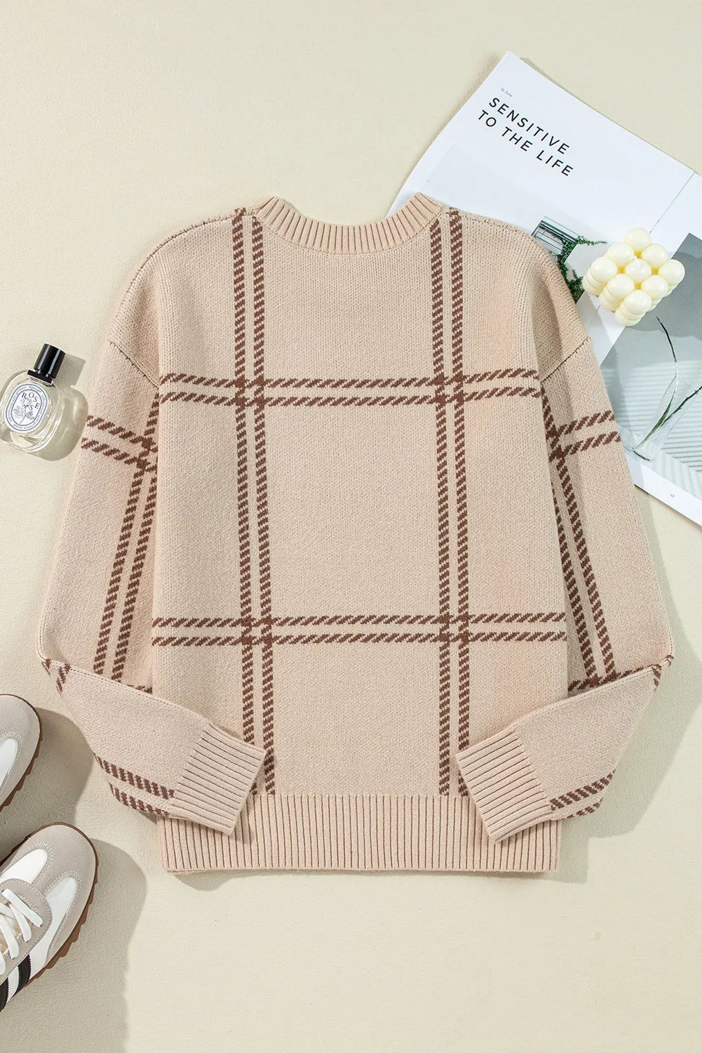 Plaid Round Neck Dropped Shoulder Sweater - Body By J'ne