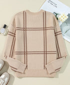 Plaid Round Neck Dropped Shoulder Sweater