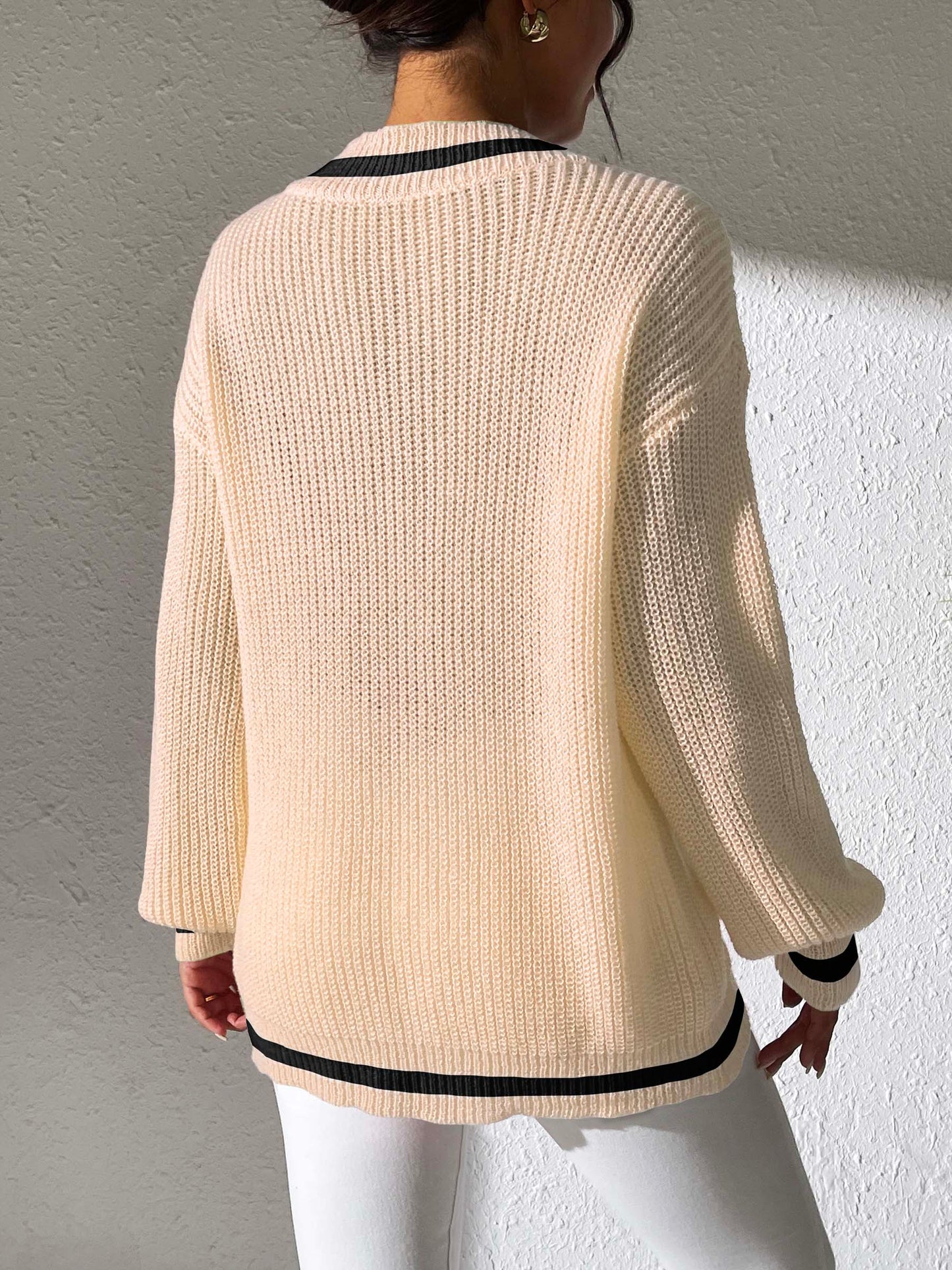 Contrast Trim V-Neck Long Sleeve Sweater - Body By J'ne