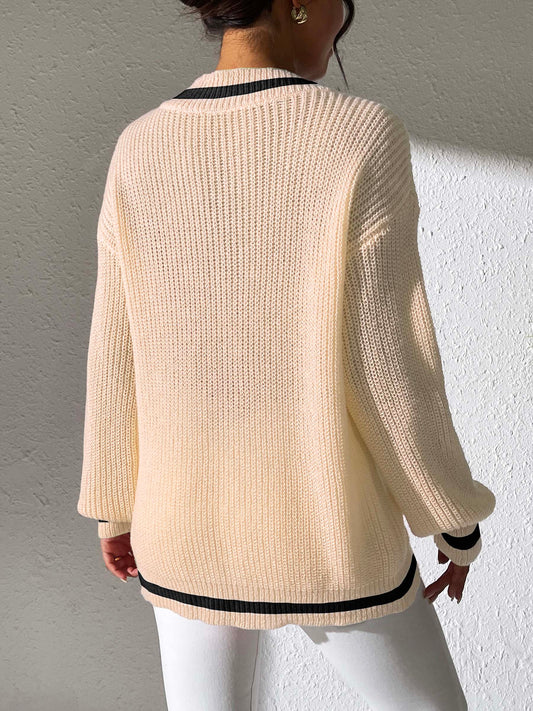 Contrast Trim V-Neck Long Sleeve Sweater - Body By J'ne