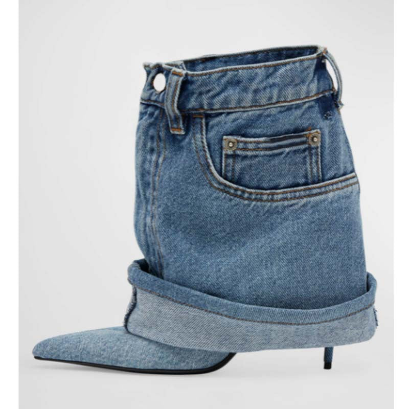 Pointed-toe Washed Denim Pantskirt Stiletto Ankle Boots - Body By J'ne