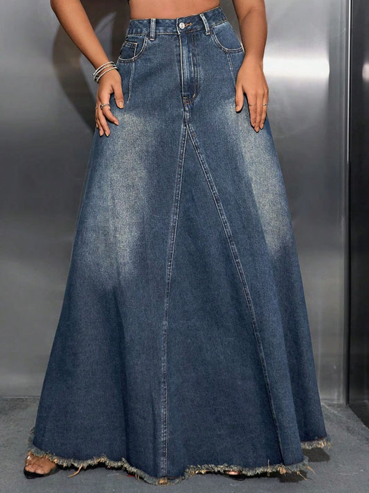Raw Hem High Waist Denim Skirt with Pockets - Body By J'ne