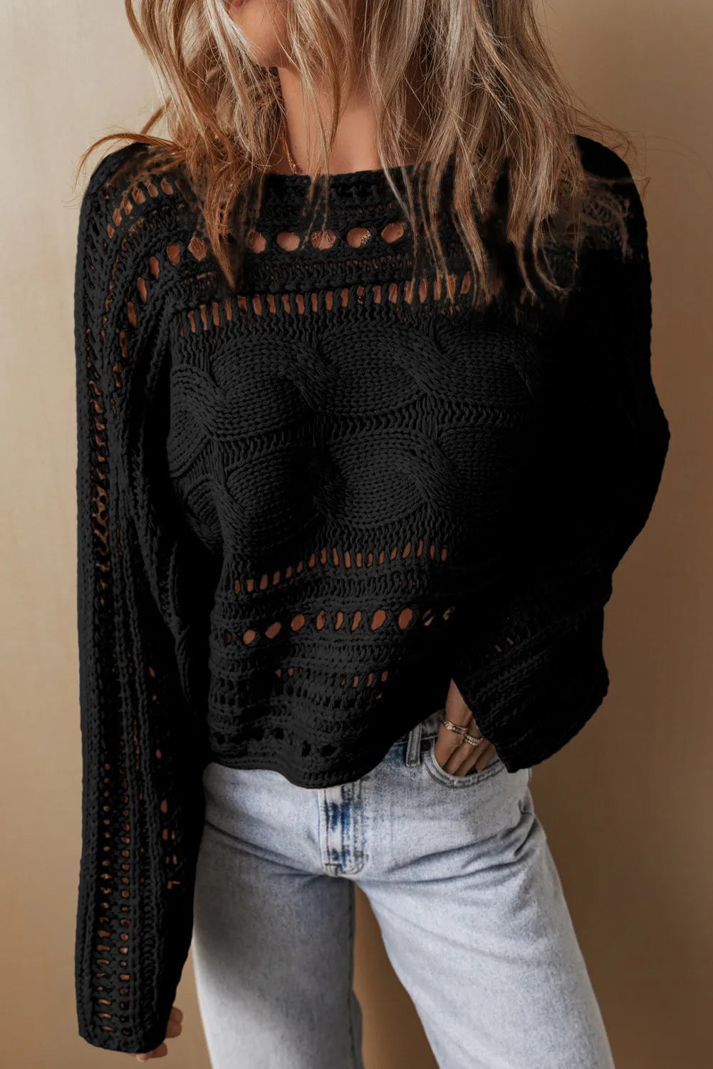 Cable-Knit Openwork Long Sleeve Sweater - Body By J'ne