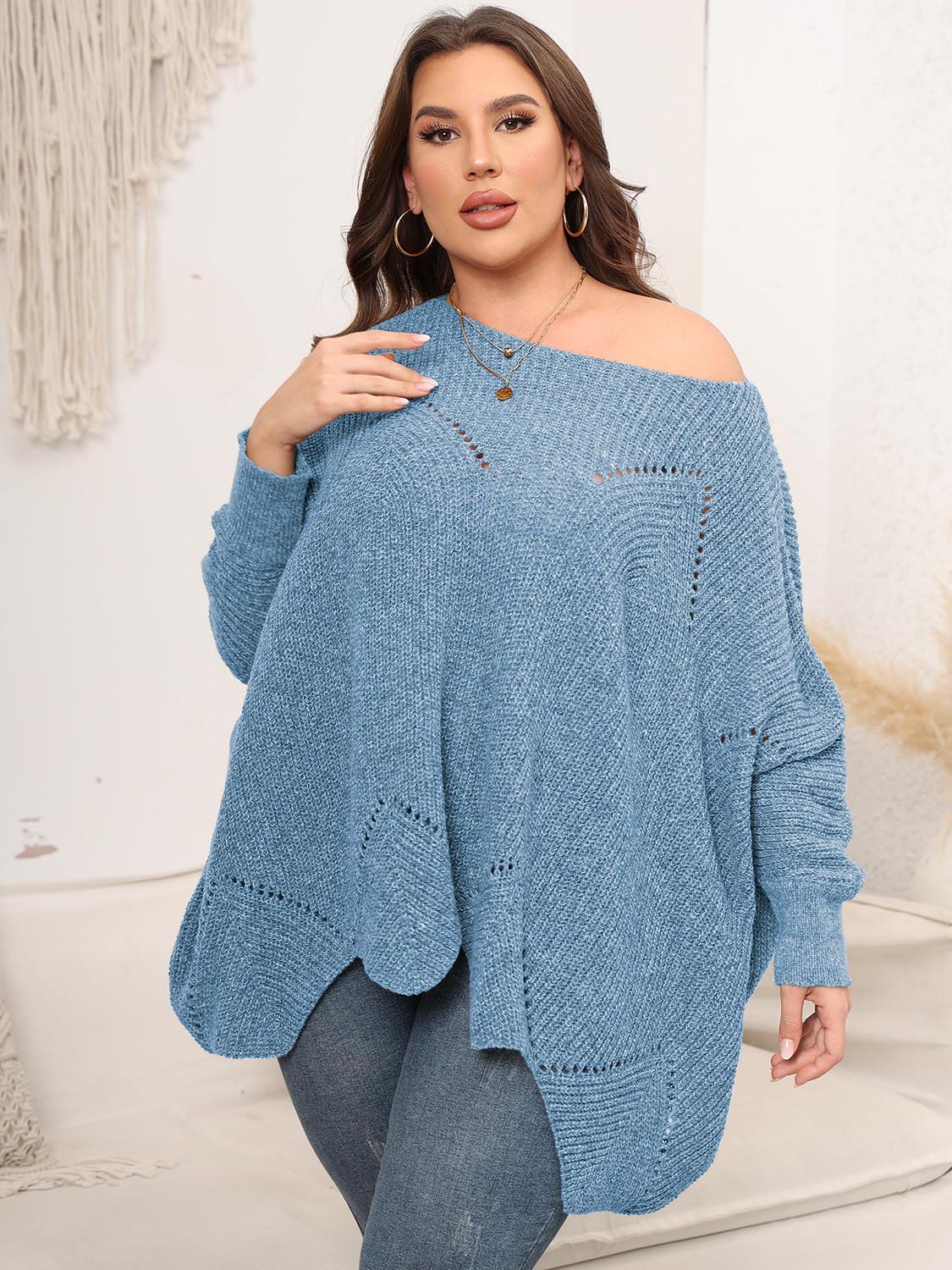 Plus Size Round Neck Batwing Sleeve Sweater - Body By J'ne