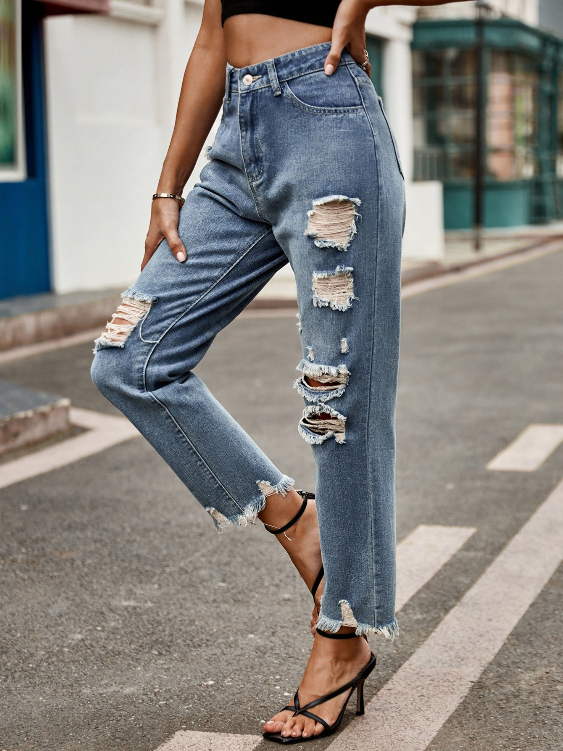 Distressed Raw Hem Jeans with Pockets - Body By J'ne
