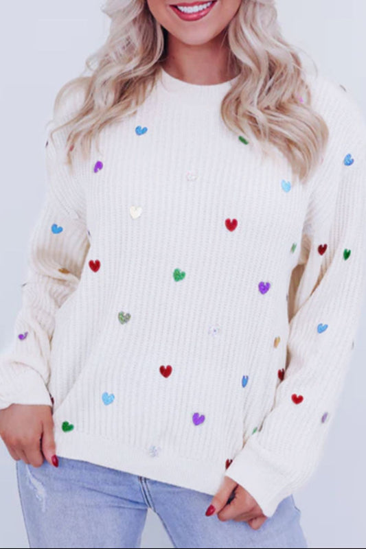 Heart Sequin Round Neck Long Sleeve Sweater - Body By J'ne