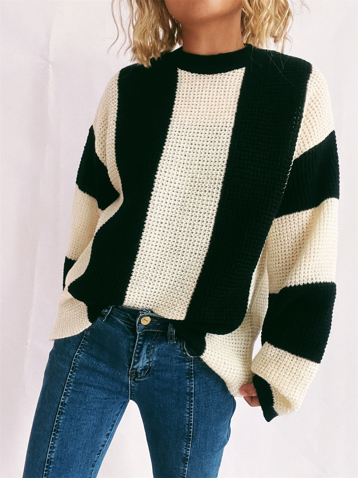 Color Block Round Neck Long Sleeve Sweater - Body By J'ne