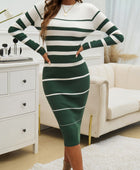 Color Block Round Neck Long Sleeve Midi Dress