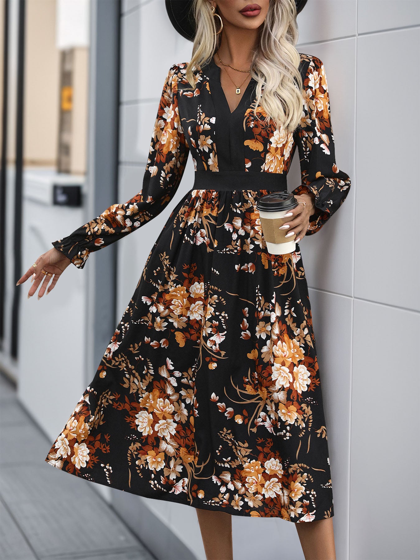 Printed Notched Long Sleeve Midi Dress - Body By J'ne