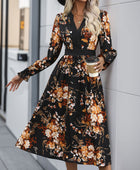 Printed Notched Long Sleeve Midi Dress