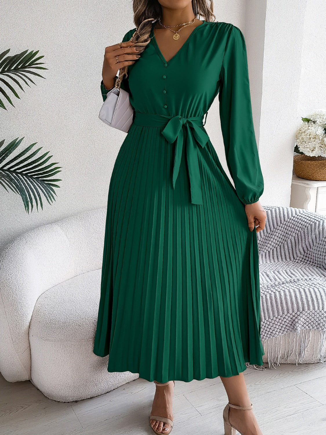 Pleated Tied V-Neck Long Sleeve Dress - Body By J'ne
