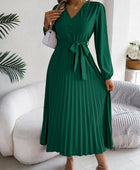 Pleated Tied V-Neck Long Sleeve Dress