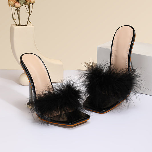 Furry Transparent Broadband Crystal Heels - Body By J'ne