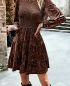 Devine Smocked Round Neck Balloon Sleeve Mini Dress