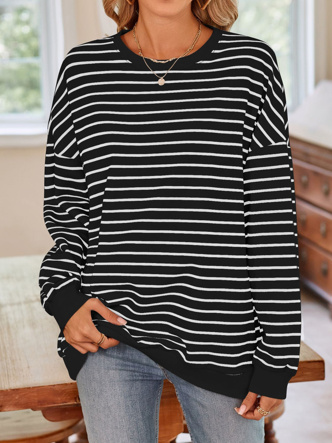 Lovelet Striped Round Neck Long Sleeve Sweatshirt - Body By J'ne