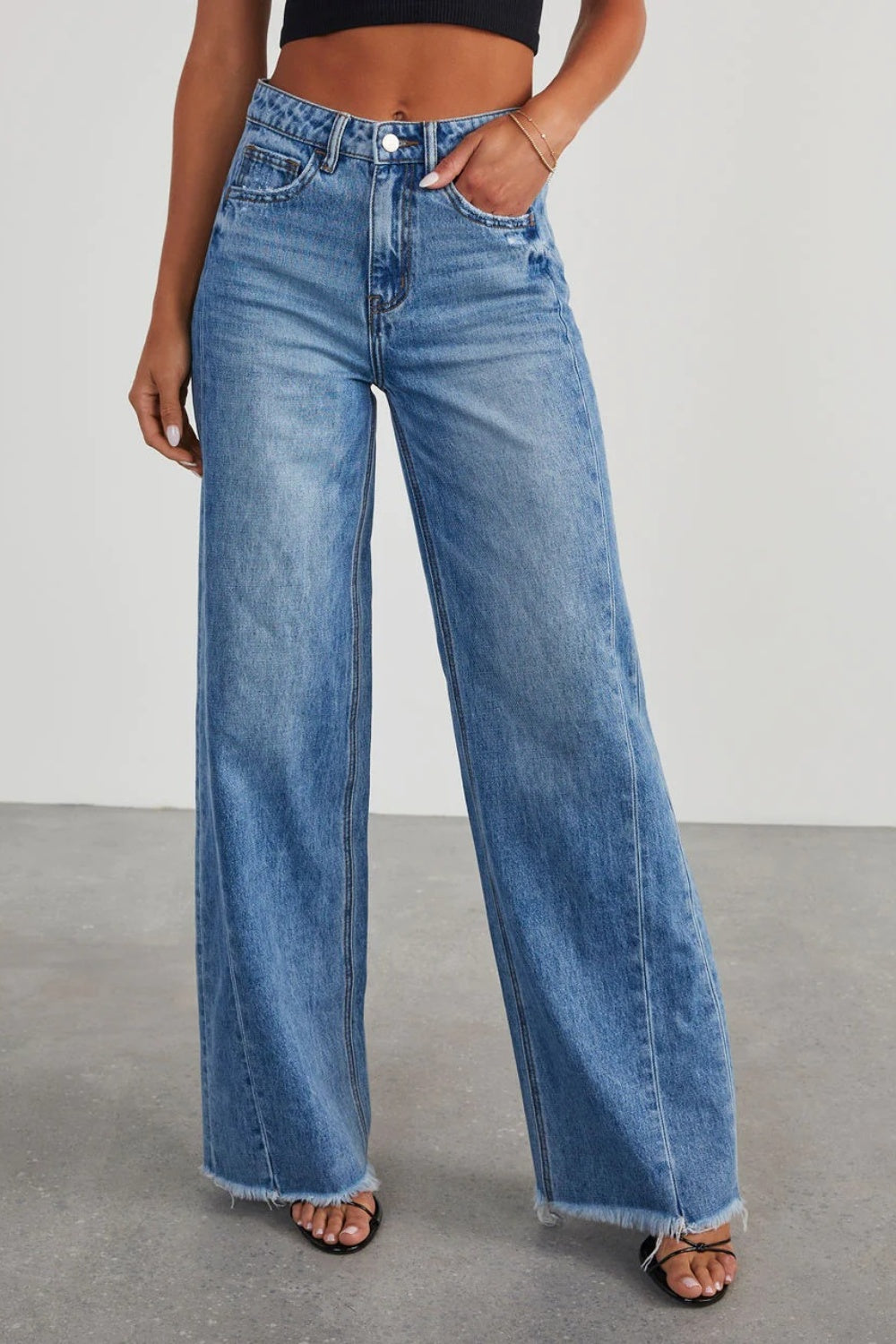 Raw Hem Wide Leg Jeans with Pockets - Body By J'ne