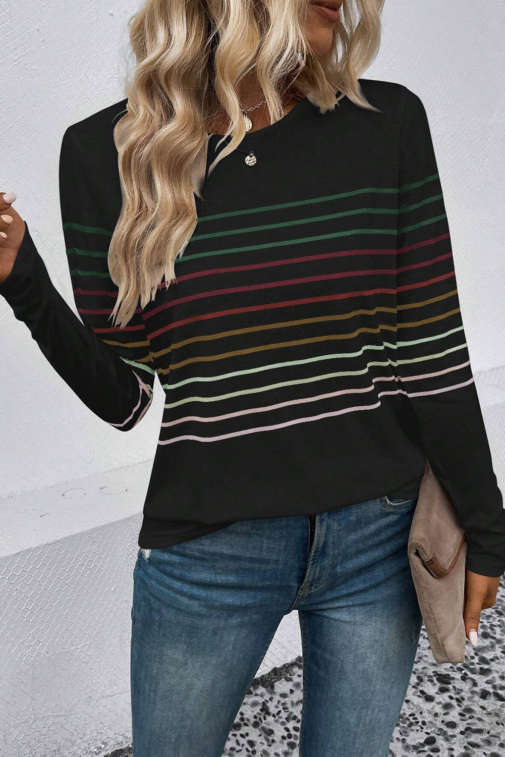 Striped Round Neck Long Sleeve T-Shirt - Body By J'ne