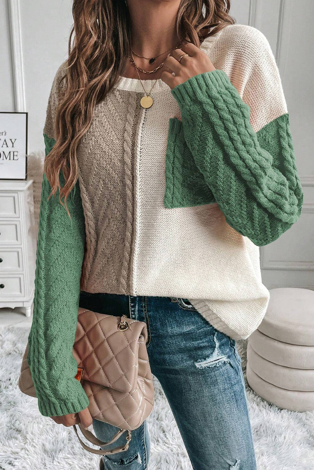 Color Block Round Neck Long Sleeve Sweater - Body By J'ne