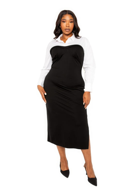 Collared Shirt Bodycon Midi Dress With Side Slit - Body By J'ne