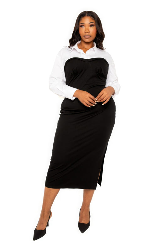 Collared Shirt Bodycon Midi Dress With Side Slit - Body By J'ne