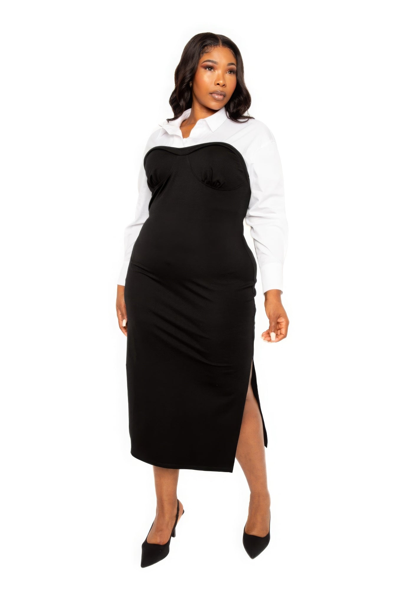 Collared Shirt Bodycon Midi Dress With Side Slit - Body By J'ne