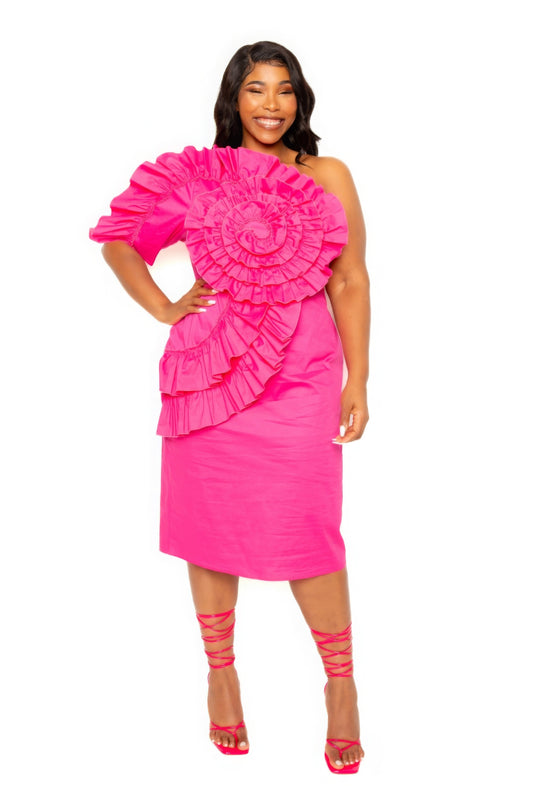 One Shoulder Midi Dress With Ruffle Details - Body By J'ne