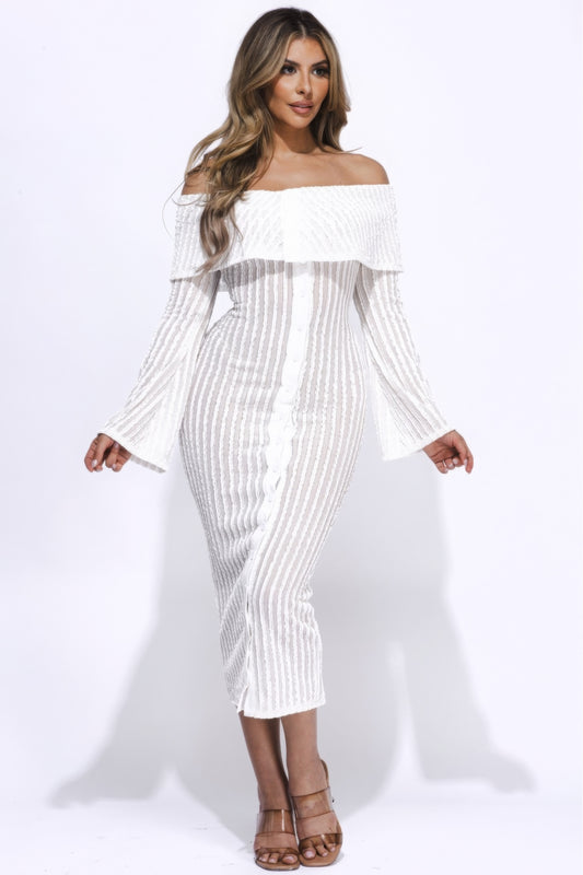 Ruffled Fabric Off Shoulder Midi Dress With Flared Sleeve - Body By J'ne